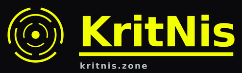 KritNis Logo: drei segmentierte Ringe mit gelbem Kern und der Schriftzug KritNis, gelb auf schwarzem Grund