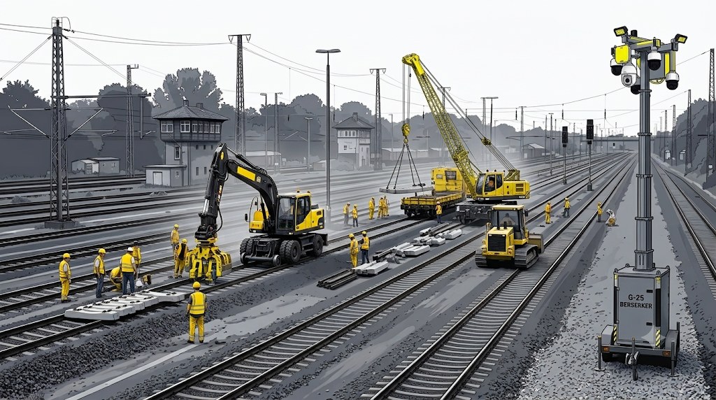 Gleisbaustelle mit Baugeräten und Gleisbaupersonal, am Rand ein mobiler Überwachungsturm mit Kameras — Sicherungstechnik auf einer Bahnbaustelle.