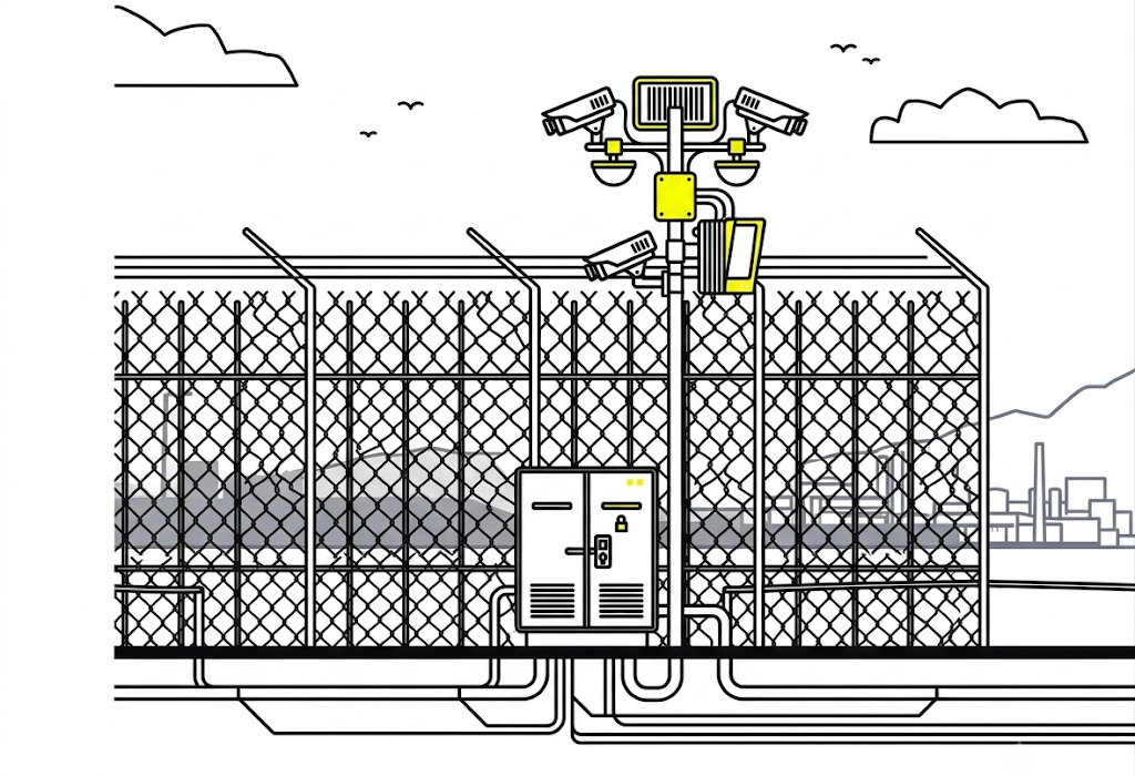 Kameramast mit mehreren Kameras, Technikschrank und Übersteigschutz an einer Zaunanlage — Sicherheitstechnik für kritische Infrastrukturen am Perimeter.