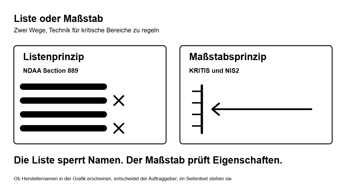 Gegenüberstellung: Listenprinzip nach NDAA Section 889 mit gesperrten Einträgen und Maßstabsprinzip nach KRITIS und NIS2 mit Anforderungsskala