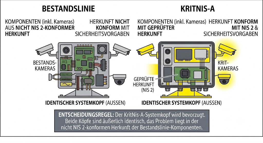 Schaubild: zwei äußerlich identische Systemköpfe nebeneinander — links Bestandslinie ohne geprüfte Komponentenherkunft, rechts KritNis mit NIS2-Nachweis.