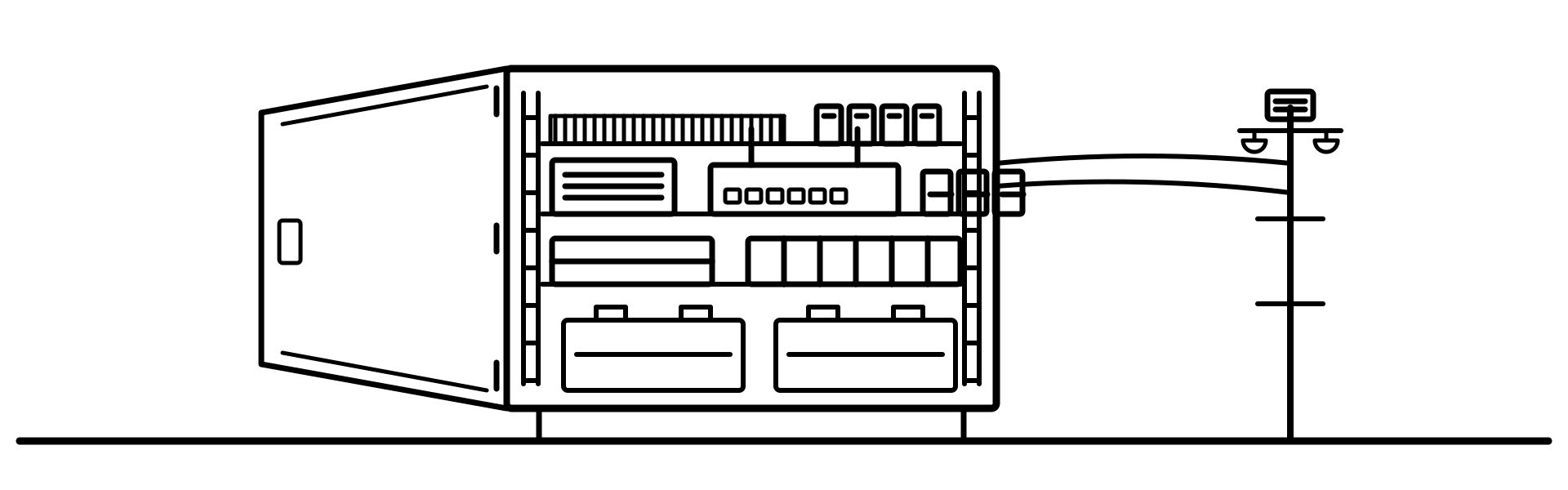 Geöffneter Technikschrank eines Systemkopfs: Reihenklemmen, Netzteil, Router, Sicherungsautomaten und Energieblock — die Systemtechnik, um die es bei NIS2 geht.