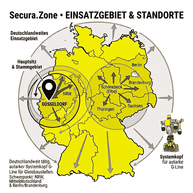 Deutschlandkarte mit Hauptsitz Düsseldorf und Standort Schönebeck (Elbe); Schwerpunkte NRW, Mitteldeutschland und Berlin/Brandenburg, bundesweit tätig.