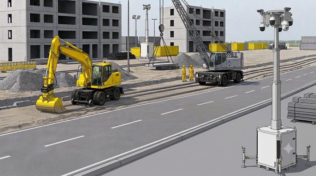 Mobiler Überwachungsturm mit Kameras am Rand einer Baustelle mit Bagger, Autokran, Containern und Rohbauten — Zeichnung, kein bestimmter Ort.