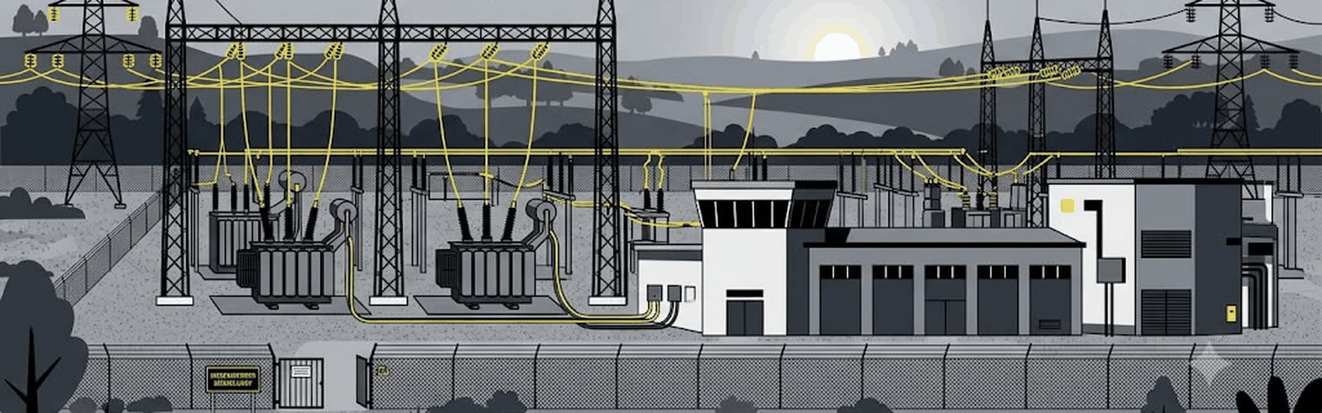 Umspannwerk in der Dämmerung mit zwei Leistungstransformatoren, Freileitungsmasten, Schalthaus und Zaun — Illustration zum Thema Überwachungstechnik kritische Anlagen